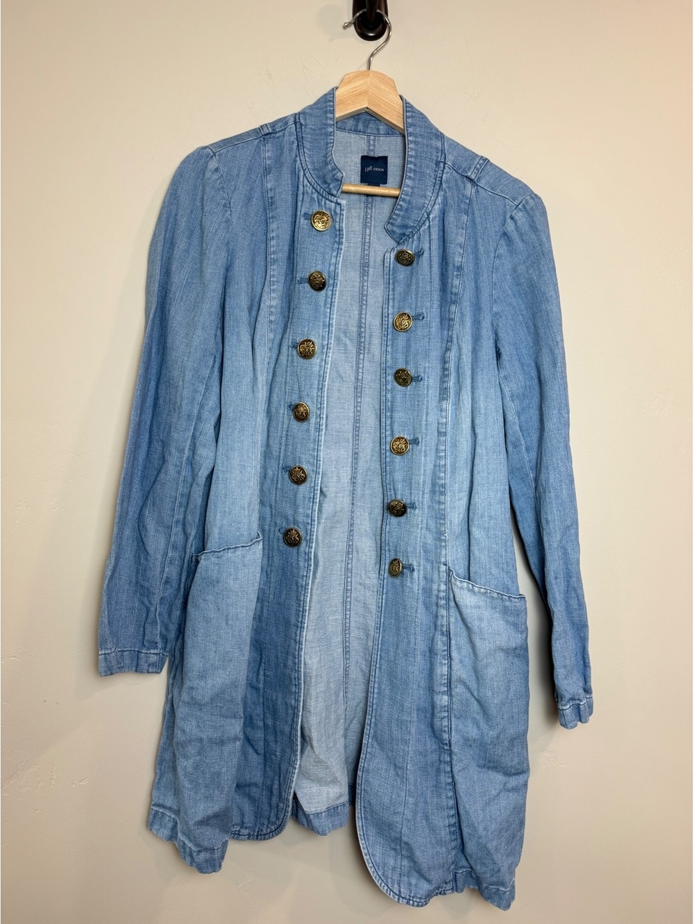 J JILL Cotton Linen Blend Denim Military Style Duster Jacket MED - Picture 2 of 7
